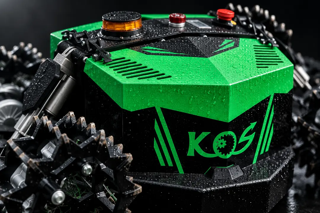 Vizualizacija: zeleno ohišje kosilnice KOS Gams z logotipom KOS in dežnimi kapljami od blizu
